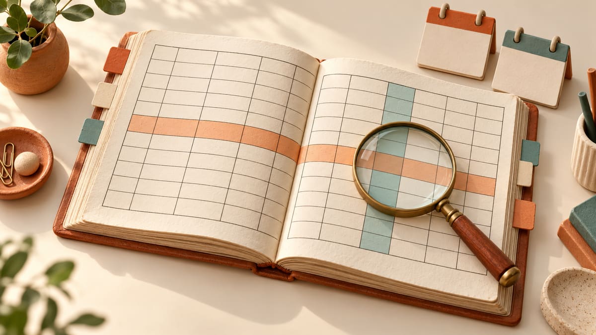 An archive ledger with highlighted rows and columns and a magnifying glass.