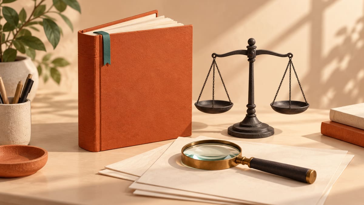 A law reference book, balance scales and a magnifying glass.