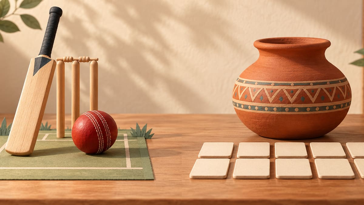Cricket equipment beside a clay matka pot and separate result tiles.