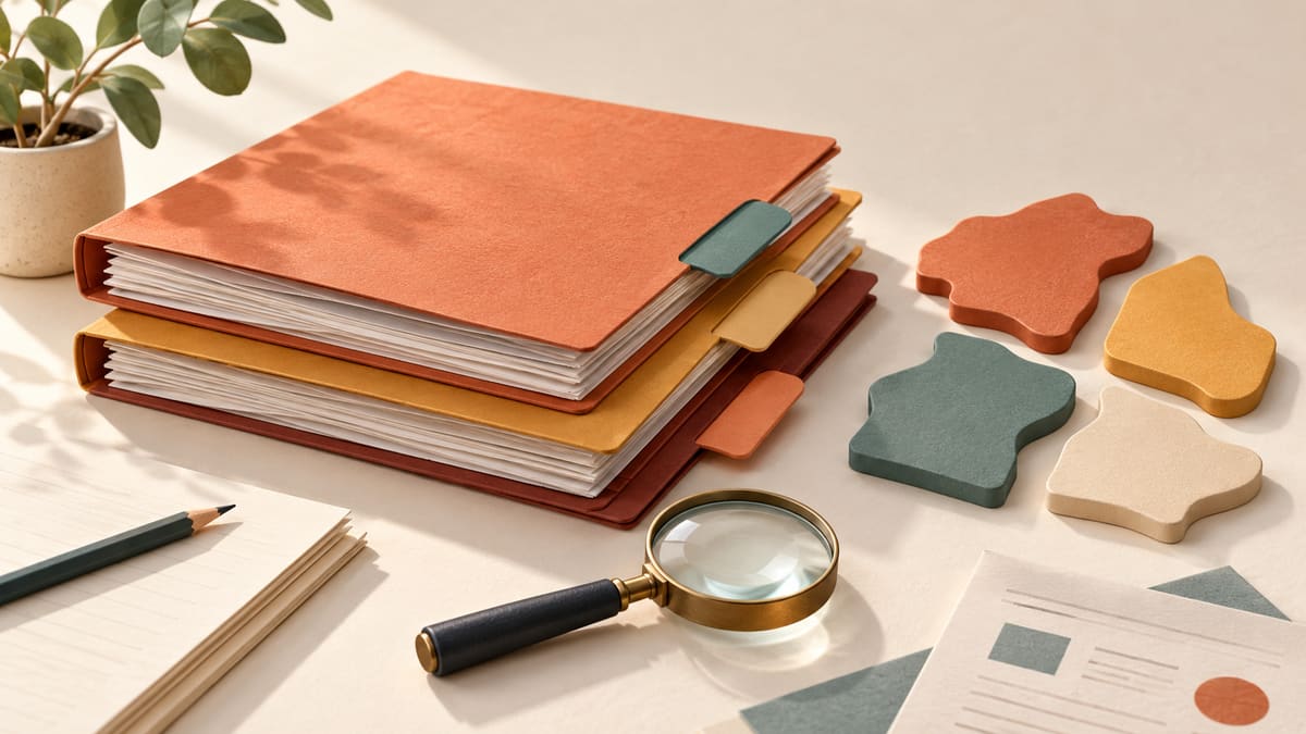 Policy folders with different regional tabs and a magnifying glass.